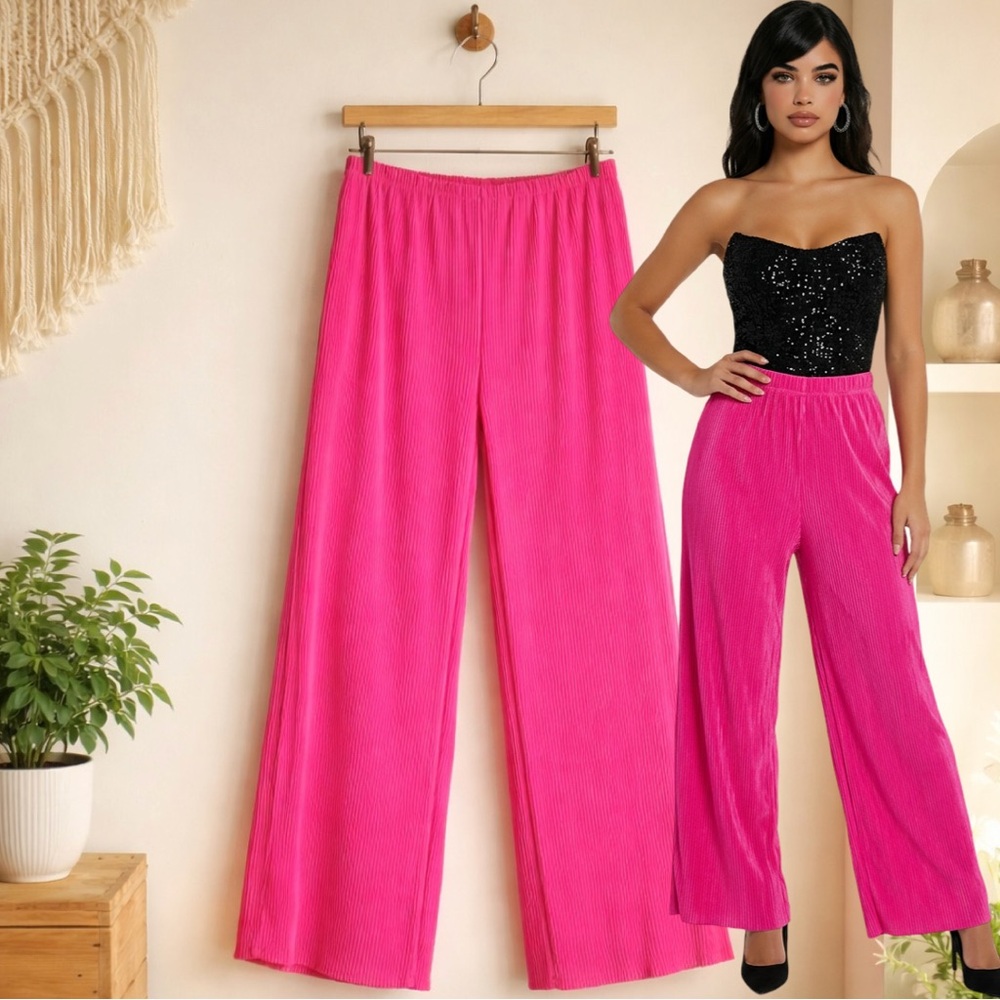 🛍️ Women's Fuchsia Pink Accordion Pleat Wide Leg Pants Size LARGE